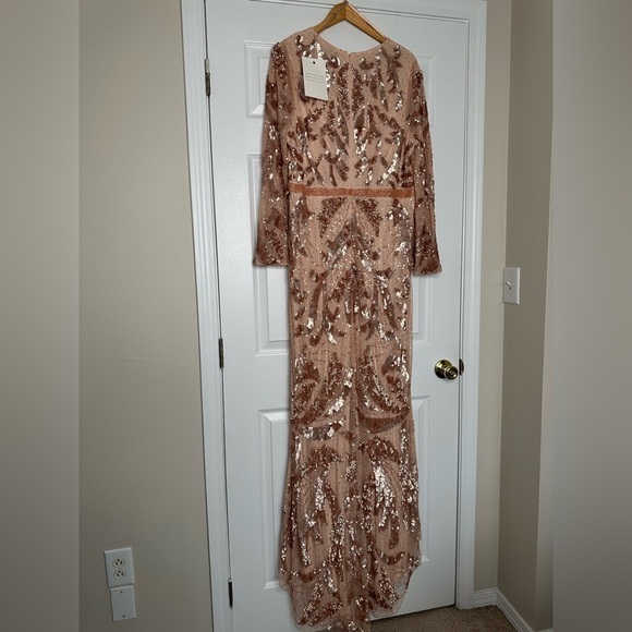 MAC DUGGAL Rose Gold Sequined faux wrap split long sleeve gown 16 NWT - Picture 8 of 16